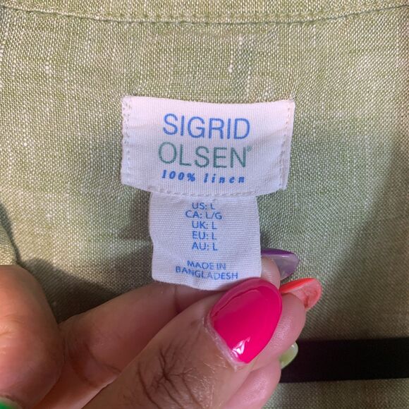 Sigrid Olsen Green Linen Button Up Shirt L Roll Tab Sleeve Coastal Classic Core - Picture 3 of 6